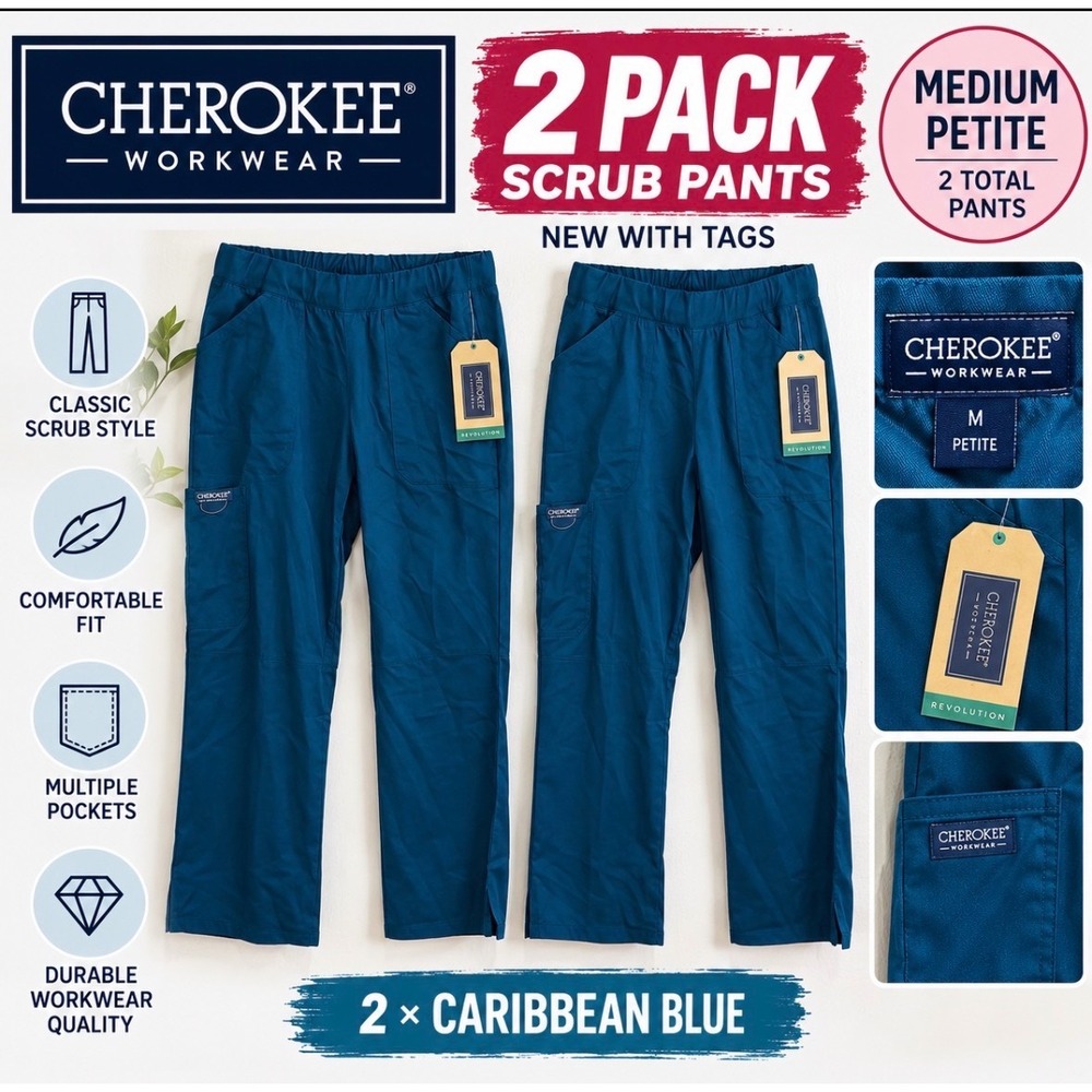 Cherokee Workwear Revolution Scrub Pants 2 Pack Teal Blue Petite Medium